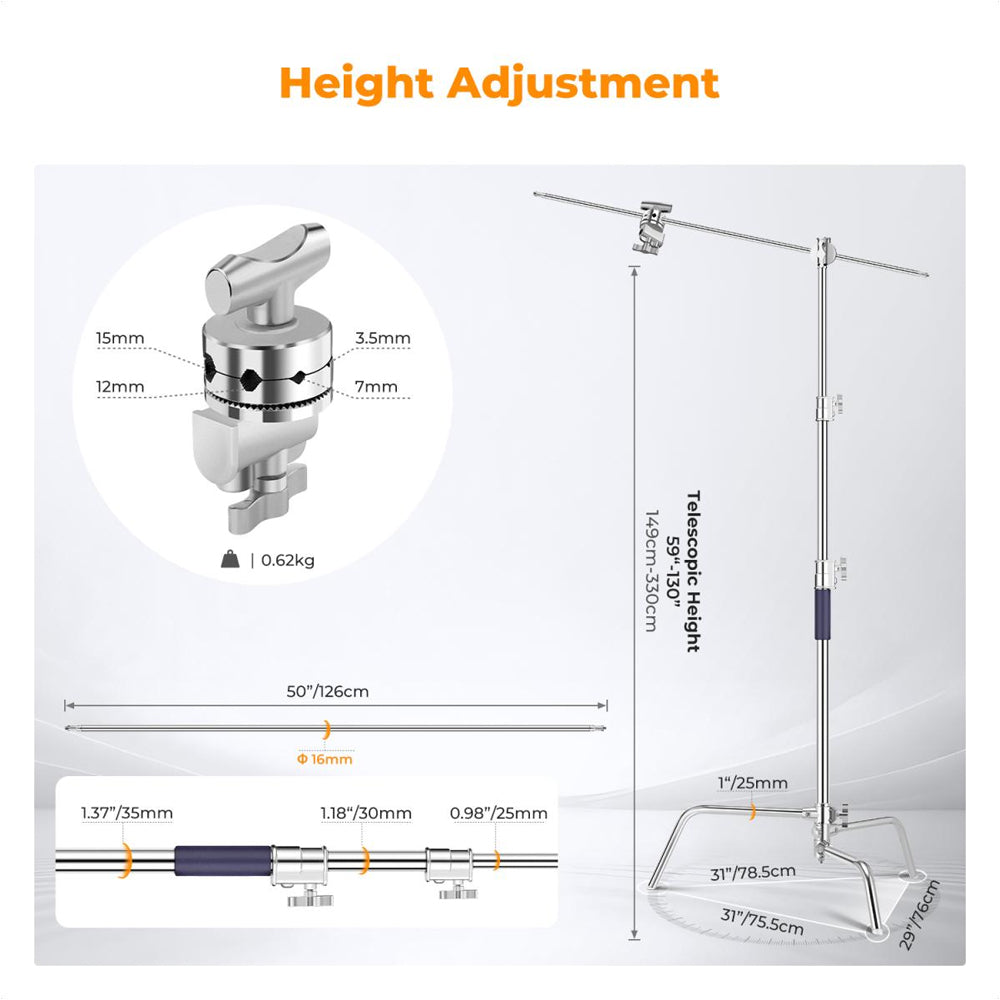 K&F Concept Stainless Aluminum Alloy Heavy Duty C Stand with Boom Pole, Air Cushioned with 3.3m Max Operational Height, 20kg Max Load Capacity and Stable Turtle Base for Studio Lighting and Photography