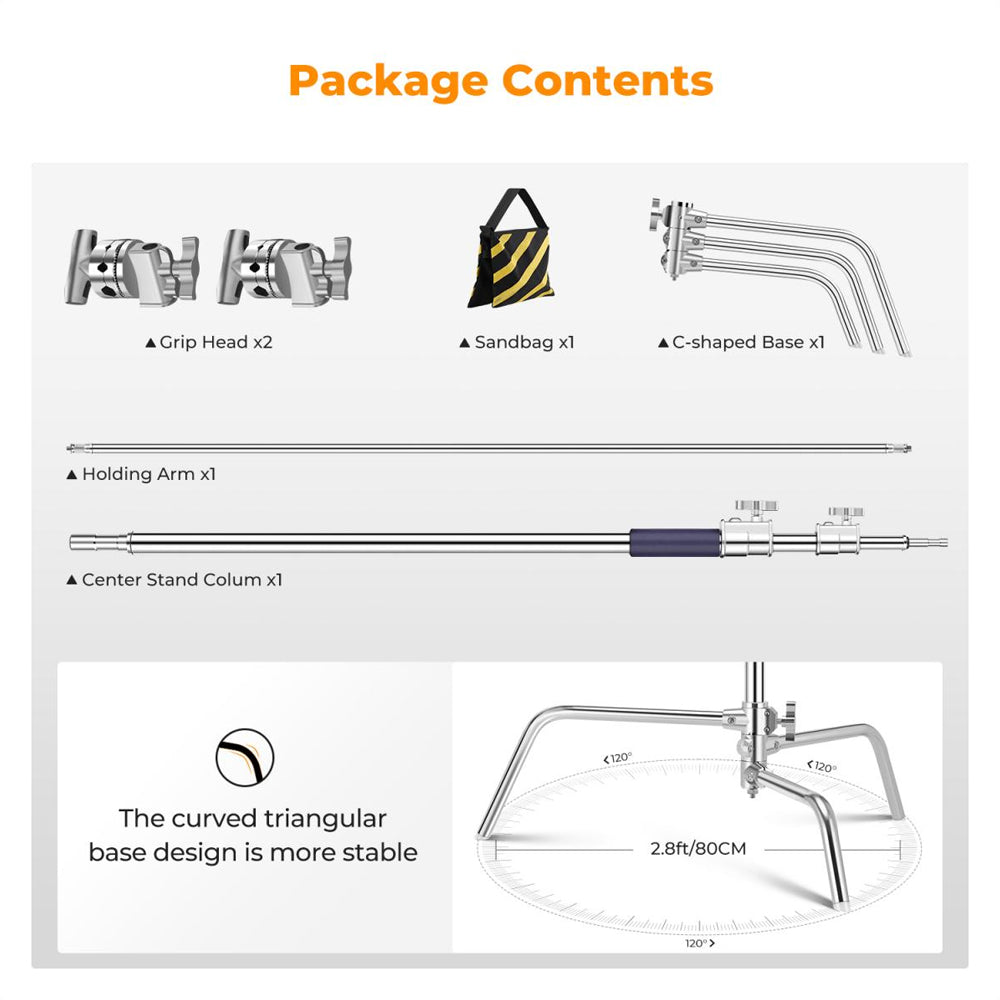 K&F Concept Stainless Aluminum Alloy Heavy Duty C Stand with Boom Pole, Air Cushioned with 3.3m Max Operational Height, 20kg Max Load Capacity and Stable Turtle Base for Studio Lighting and Photography