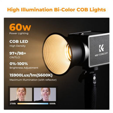 K&F Concept PL-60B 60W COB LED 97+ Bi-Color Handheld Palm-Sized Video Light with Reflector, Noise-Free Cooling Fan, 12 Light Effects, Onboard & Wireless Control for Photography, Filmmaking & Studio Lightning | KF34-045