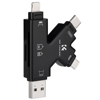 K&F Concept Multi-Interface SD & TF Memory Card Reader with 4-in-1 USB-A, Type C, Micro USB, and Apple Lightning Input for Smartphones, Laptop, PC, Smart TV, Tablet, iPhone, iPad, IOS,  Android, macOS, Windows 8 / 10, Linux | KF42-0006