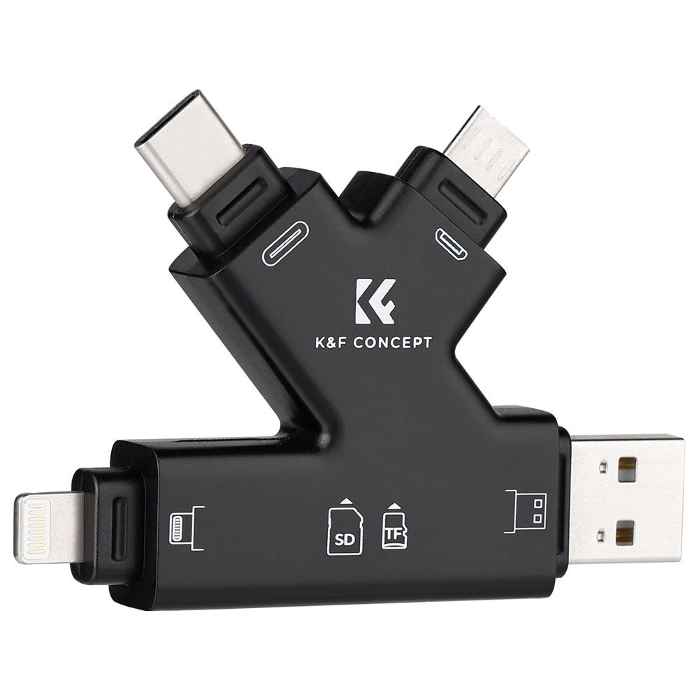K&F Concept Multi-Interface SD & TF Memory Card Reader with 4-in-1 USB-A, Type C, Micro USB, and Apple Lightning Input for Smartphones, Laptop, PC, Smart TV, Tablet, iPhone, iPad, IOS,  Android, macOS, Windows 8 / 10, Linux | KF42-0006