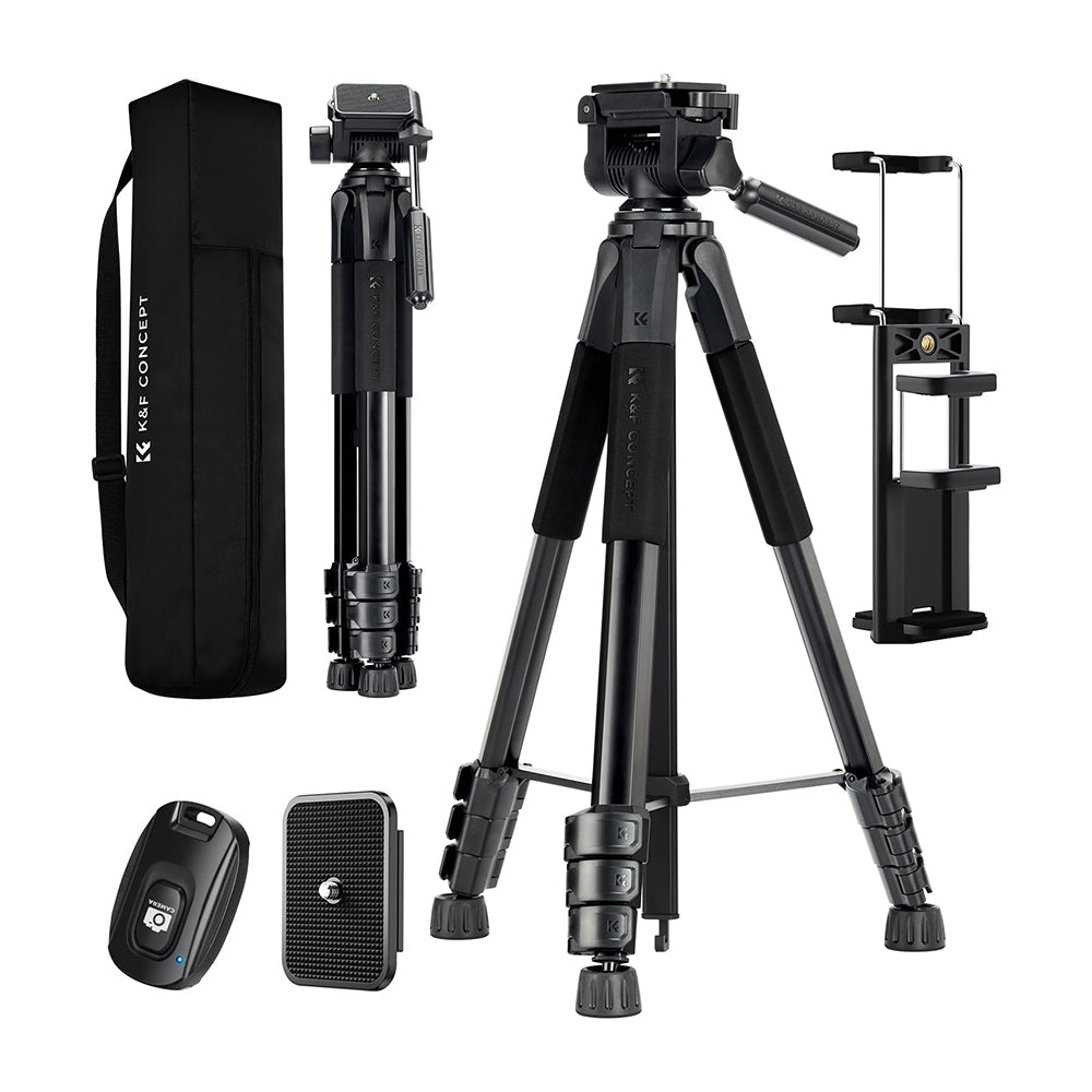 K&F Concept 173cm 3-Way Pan/Tilt Head Aluminum Tripod with 2-in-1 Tablet + Smartphone Holder & Bluetooth Remote, 360° Ball Head, Pentagol Tube Design for Cameras, Studio Lighting, Photography, Vlogging & Live Streaming