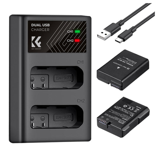 K&F Concept EN-EL14 2pcs Battery + Dual Bay Charger Kit with 7.4V 1050mAh, Micro-USB / Type-C Port, Quick Charge and Multiple Charging Protection for Nikon D3500, D5600, D3200, D3300, D3400, D5500, Coolpix P7800, P7700, P7200, P7100, P7000