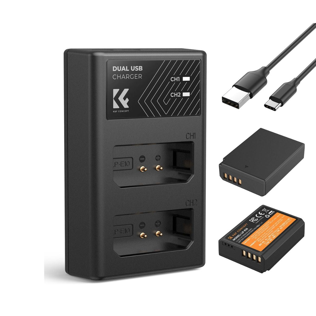 K&F Concept LP-E10 LPE10 Battery and Charger Kit with 1200mAh Capacity, Micro and USB C Port for Canon EOS Rebel T3 T5 T6 T7 / T100 1100D 1200D 1300D 1500D 2000D 3000D 4000D / Kiss X50 X70 X80 X90 DSLR Cameras | 2-Pack / 3-Pack Options