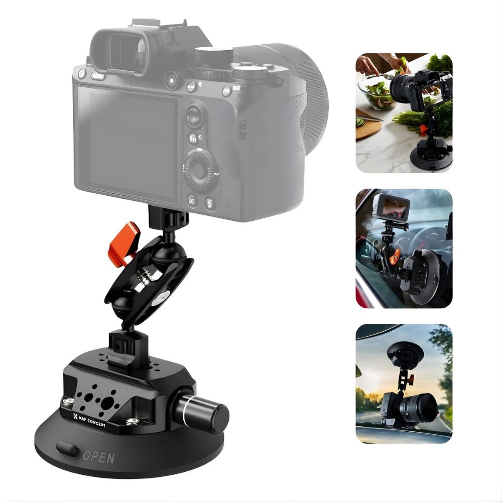 K&F Concept Vacuum Suction Cup Mount w/ 360° Ball Head, 1/4" & 3/8" Screws for Phones & Action Cam