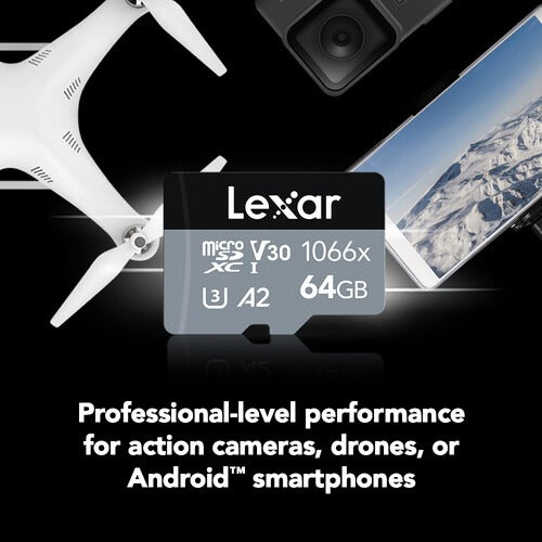 Lexar Professional 64GB 1066x UHS-I U3 V30 A2 Class 10 MicroSDXC Memory Card - 160MB/s Read & 70MB/s Write, Supports Full HD, 3D, and 4K UHD Video for Camera, Drone, Camcorder, Android Phone & Tablet, etc. | LMS1066064G-BNNNC