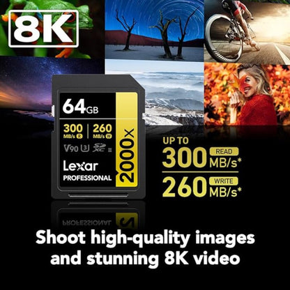 Lexar Professional 128GB 64GB 2000x SDHC / SDXC UHS-II Memory Card GOLD Series U3, V90, 8K Video Full HD and 3D with up to 300MB/s Read / 260MB/s Write, Class 10 for Cameras and Other Devices