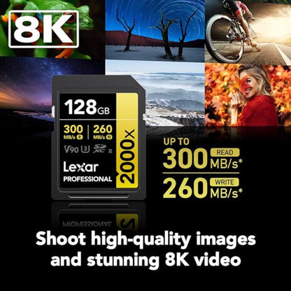 Lexar Professional 128GB 64GB 2000x SDHC / SDXC UHS-II Memory Card GOLD Series U3, V90, 8K Video Full HD and 3D with up to 300MB/s Read / 260MB/s Write, Class 10 for Cameras and Other Devices