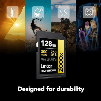 Lexar Professional 128GB 64GB 2000x SDHC / SDXC UHS-II Memory Card GOLD Series U3, V90, 8K Video Full HD and 3D with up to 300MB/s Read / 260MB/s Write, Class 10 for Cameras and Other Devices