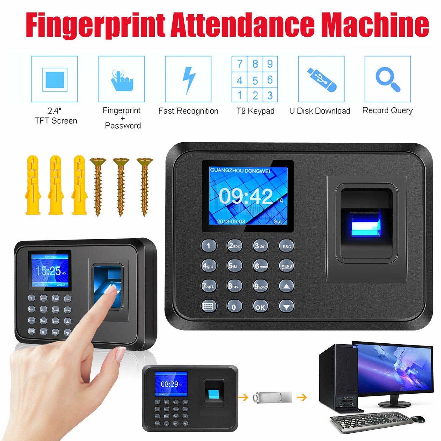 LogicOwl OJ-F01 FP Attendance Biometric Time Logger with Fingerprint and PIN Passcode Entry, Built-In 2.4 Inch TFT LCD Display and Direct Reports Export via USB 2.0 for Office Schedule Timekeeping
