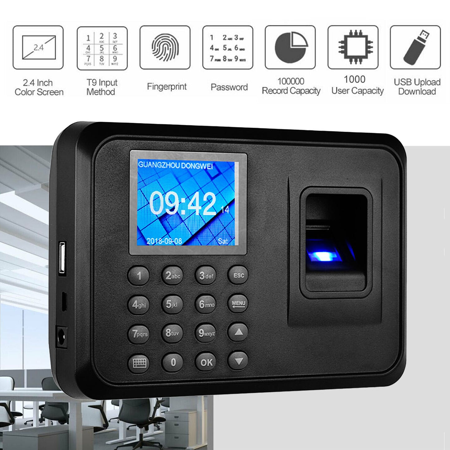 LogicOwl OJ-F01 FP Attendance Biometric Time Logger with Fingerprint and PIN Passcode Entry, Built-In 2.4 Inch TFT LCD Display and Direct Reports Export via USB 2.0 for Office Schedule Timekeeping