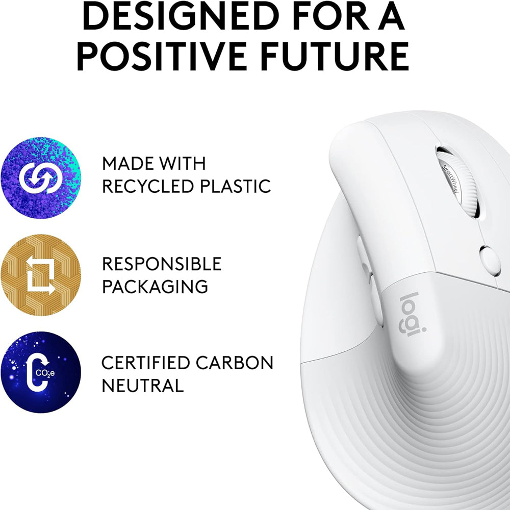 Logitech Lift Vertical Ergonomic Wireless Mouse For Business with 4 Customizable Buttons, 400-4000 DPI, and Logi Bolt and Bluetooth Connectivity for PC and Laptop Computers - Graphite, Off White