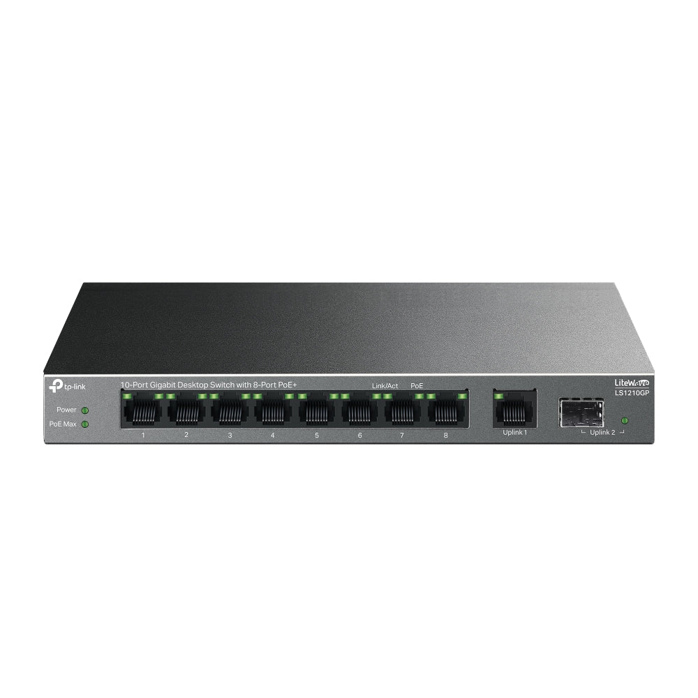 TP-Link LS1210GP LiteWave 10-Port Gigabit Desktop Switch with 8-Port PoE+ | 61W Budget, 250m Transmission, Auto-Recovery & Traffic Separation for IP Security Cameras, IP Line Phone, Access Points & Network Video Recorder | TP Link TPLink