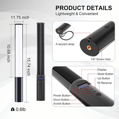 Luxceo P400 (40cm) RGB LED Tube Light 5W Full Color Fill Light with 2500K - 6500K Color Temperature, 3.7V 2500mAh Built-In Battery, USB Type C Charging for Photography, Videography, Film Making - Photo & Video Studio Lighting