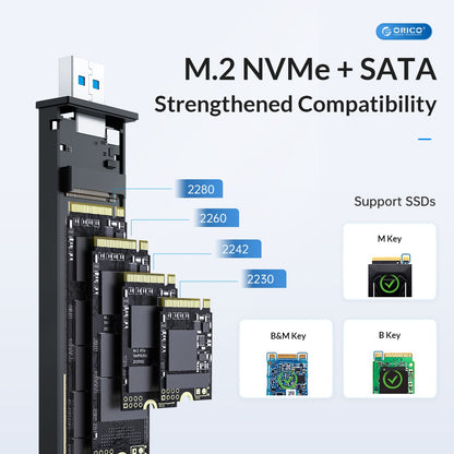 [CLEARANCE] ORICO M2PJL-C3 NVMe/SATA to USB 3.2 Gen.2 M.2 SSD Enclosure with Type C Input, 10Gbps Fast Transmission Rate, Tool-free Adapter, 4TB Supported Capacity for Windows 8/10, macOS, Linux, Solid State Drive