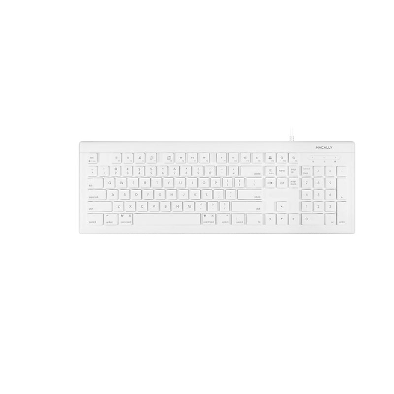 Macally MKEYE Full Size 108 Keys Wired USB Keyboard with macOS and Multimedia Controls, 15 Shortcut Keys, Silent Key Switches, LED Indicator for Num Lock, Caps, Adjustable Kickstand for PC, Laptops, Chrome OS, Windows