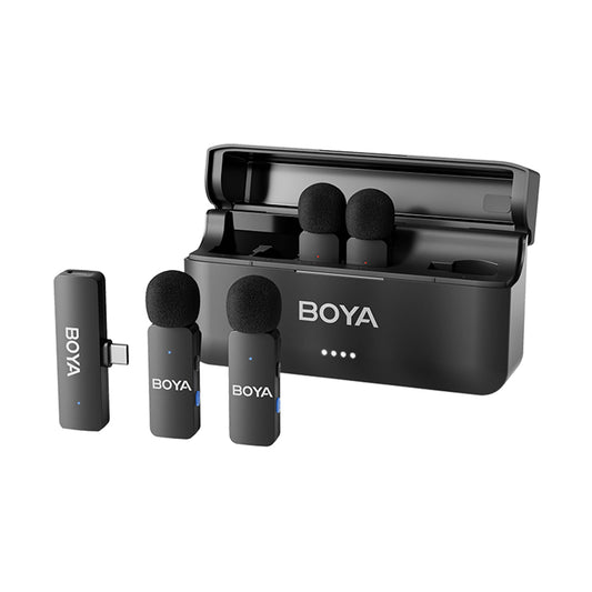 BOYA BY-V4U 2.4Ghz Wireless 4-Person (4TX+RX) Digital Microphone System Omnidirectional with USB Type-C Ports, 200m Max Range, Noise Reduction, LED Indicators and 1500mAh Charging Case for Vlog Vlogging, Interviews, Content Creation