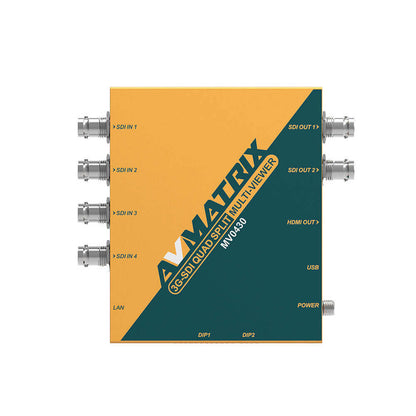 AVMatrix MV0430 4 Channel 3G-SDI Split Multiviewer with SDI & HDMI Output, 11 Output Formats Selectable Up to 1080p 60Hz, 16 Preset Layouts, Easy Control over DIP Switches, LAN & USB Port, PC Software and USB Keyboard Control Methods