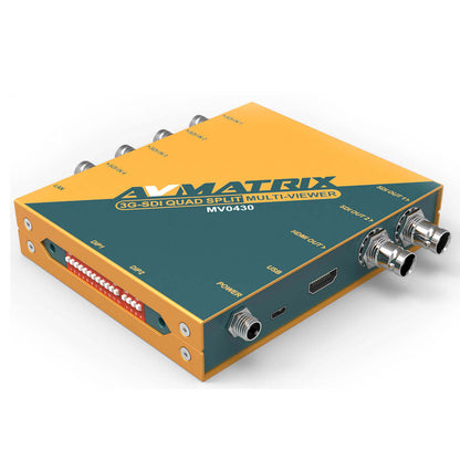 AVMatrix MV0430 4 Channel 3G-SDI Split Multiviewer with SDI & HDMI Output, 11 Output Formats Selectable Up to 1080p 60Hz, 16 Preset Layouts, Easy Control over DIP Switches, LAN & USB Port, PC Software and USB Keyboard Control Methods