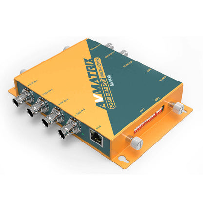 AVMatrix MV0430 4 Channel 3G-SDI Split Multiviewer with SDI & HDMI Output, 11 Output Formats Selectable Up to 1080p 60Hz, 16 Preset Layouts, Easy Control over DIP Switches, LAN & USB Port, PC Software and USB Keyboard Control Methods