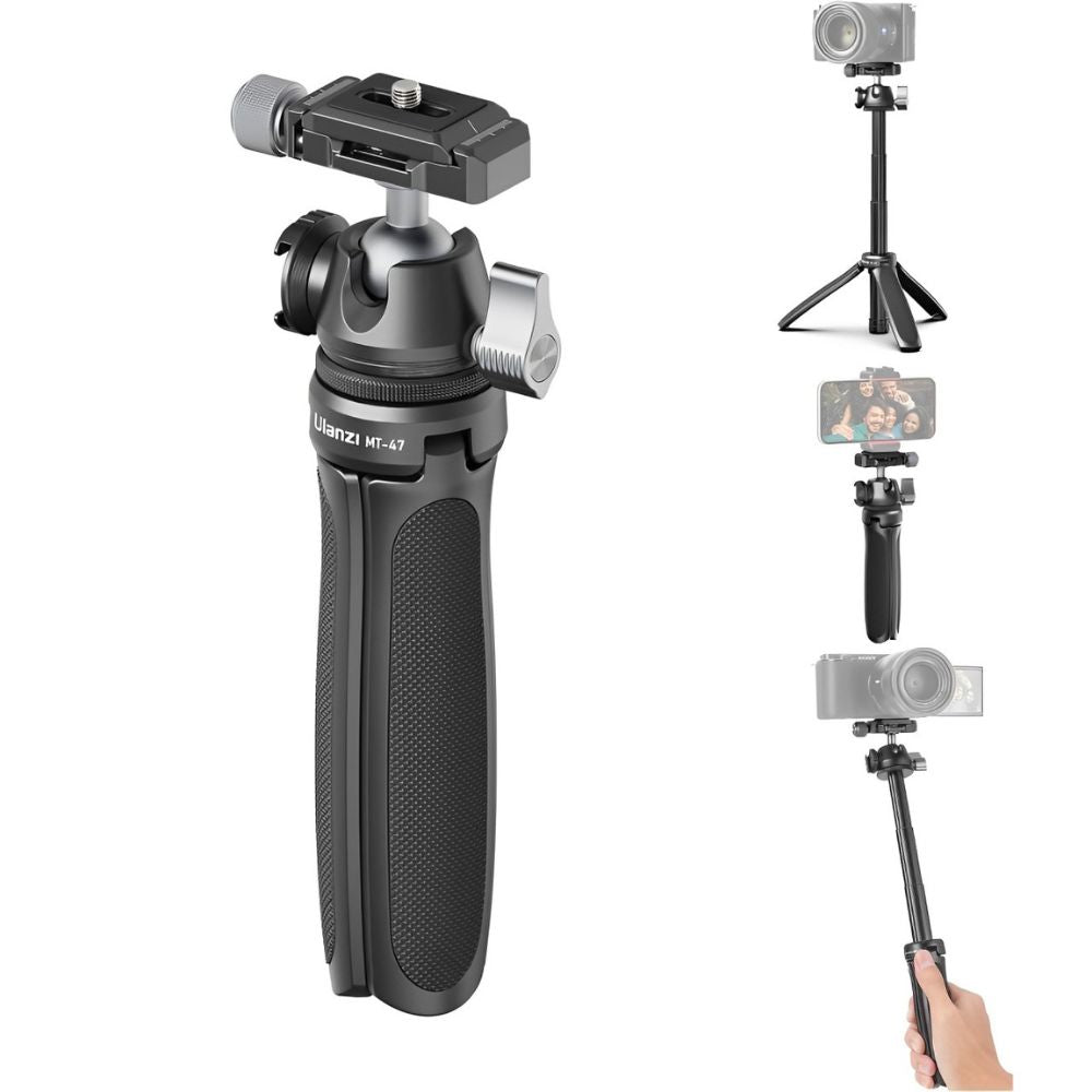 Ulanzi MT-47 Vlog Tripod Selfie Stick Camera Handle Aluminum Alloy with 90 Degree Vertical Tilt Ball Head, Max 14.6" / 2Kg Height and Load Capacity, Arca Type QR Plate and Rotating Cold Shoe Mount for Vlogging, Content Creation