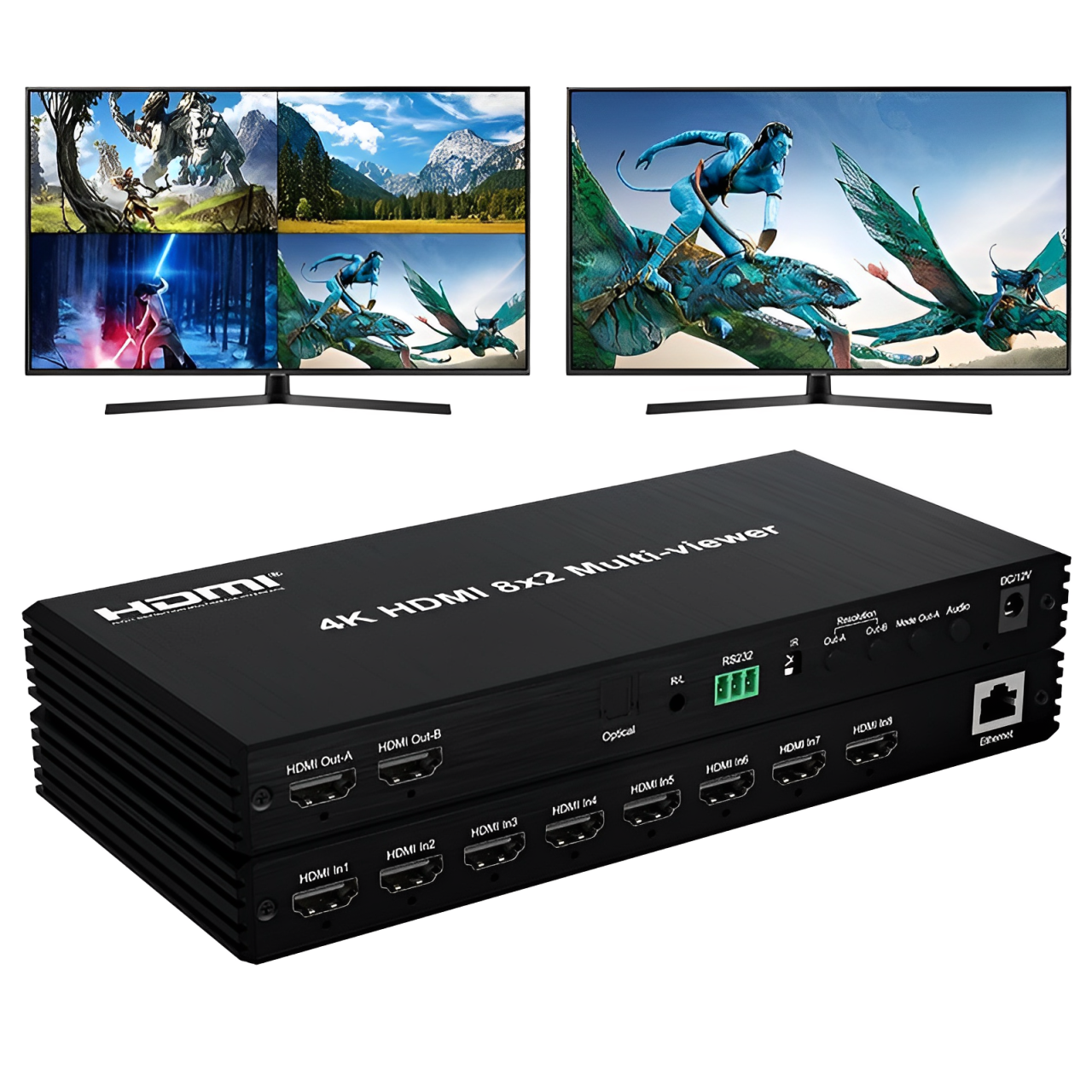 ArgoX 8-In 2-Out HDMI Switcher Multi-Viewer Control Box with Video Matrix, PIP Function, Optical Fiber & 3.5mm Stereo Audio Extractor for Televisions, Screen Displays, Monitors, Computers & Laptops