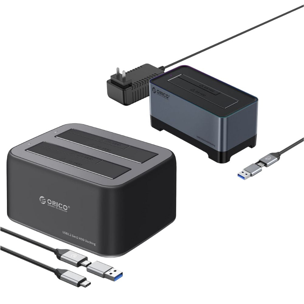 ORICO 2.5-3.5" SATA SSD/HDD to USB 3.2 Gen 2 Type-C RGB Hard Drive Docking Station with 10Gbps Transmission Rate, 18TB Supported Storage Per Bay, 2-in-1 Data Cable for Computer Desktops & Laptops (Windows, MacOS & Linux)