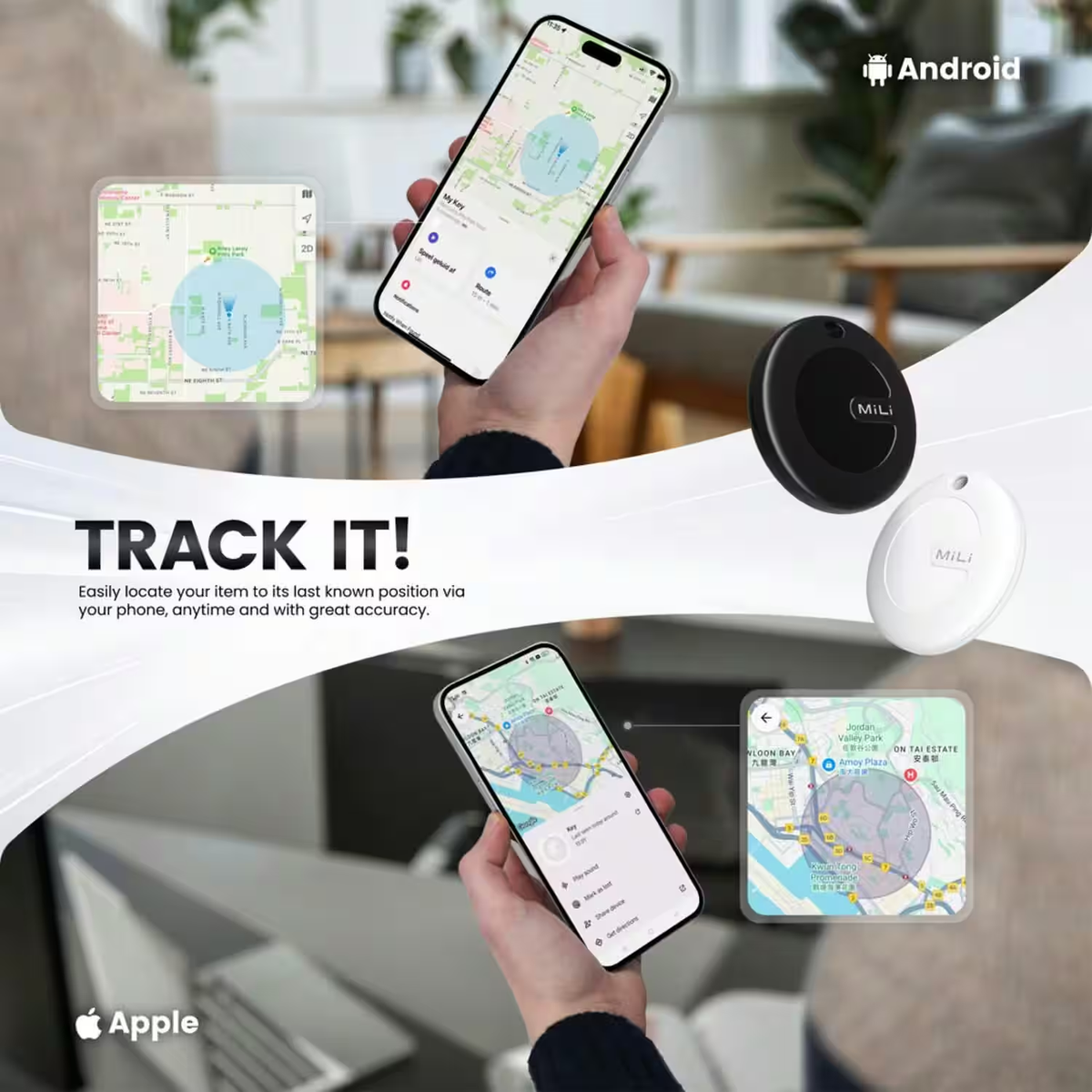 MiLi MiTag Duo Item Finder with Leather Case - iOS Apple Find My & Android Google Find Hub Compatible