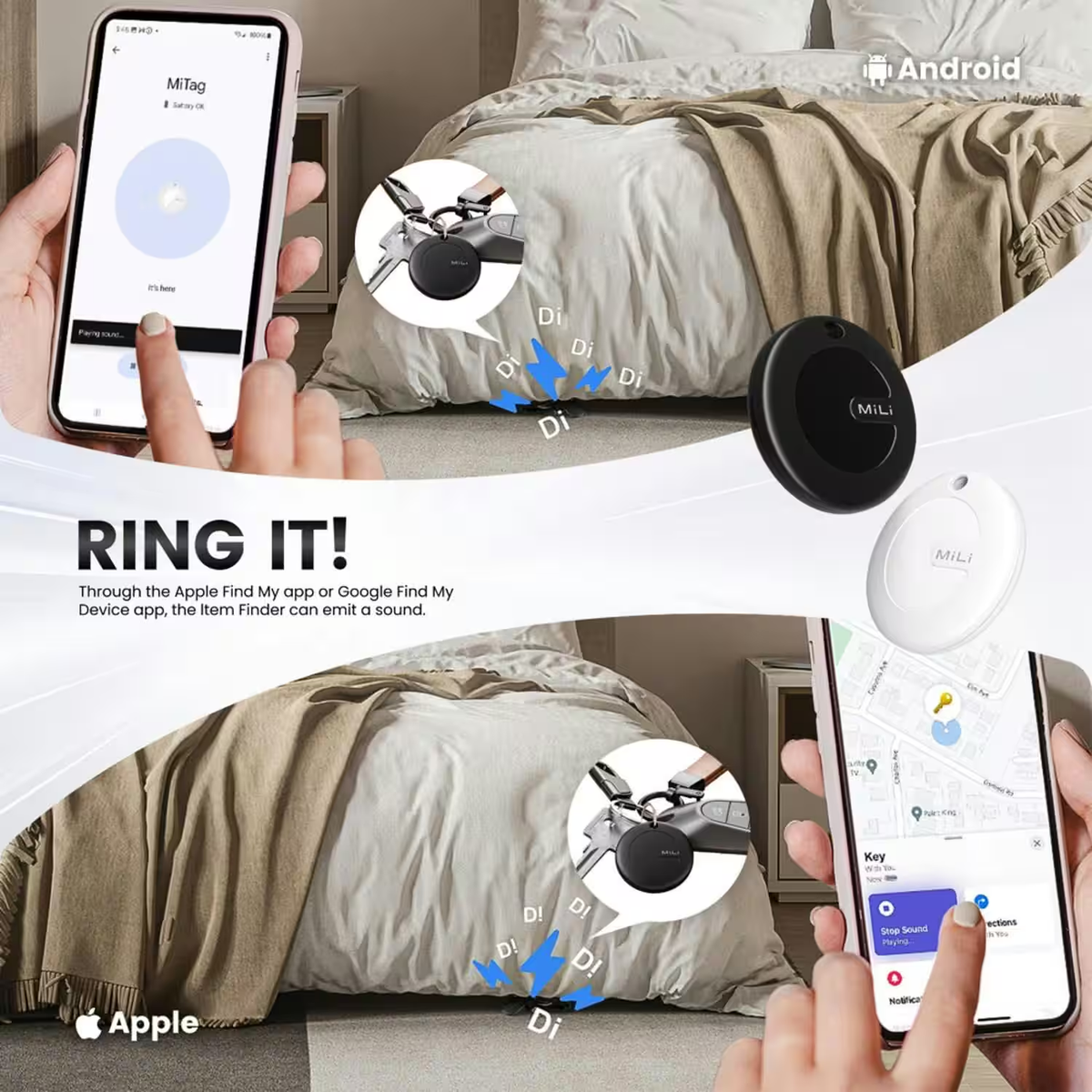 MiLi MiTag Duo Item Finder with Leather Case - iOS Apple Find My & Android Google Find Hub Compatible