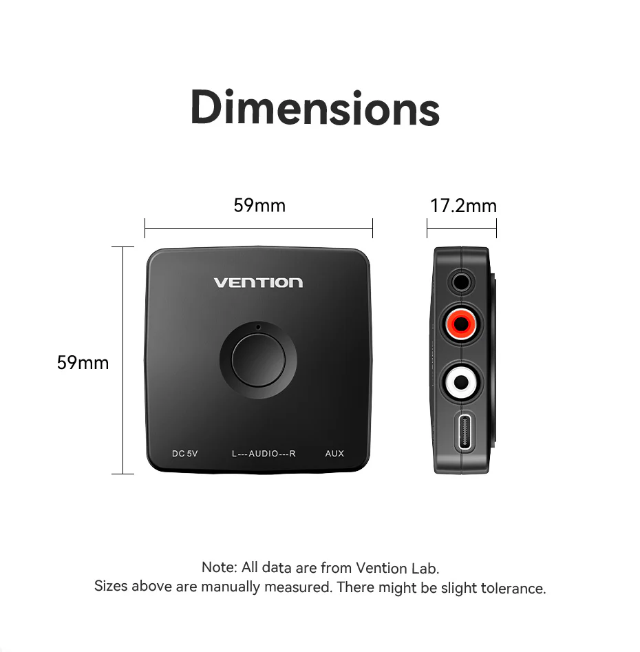 Vention Wireless Bluetooth 5.1 Receiver Adapter HiFi with 3.5mm and 2 RCA Outputs, USB Type-C Charging Port, Up to 10M Transmit Distance for Smartphones, Tablets, Laptops to Speakers, Headphones & Speakers