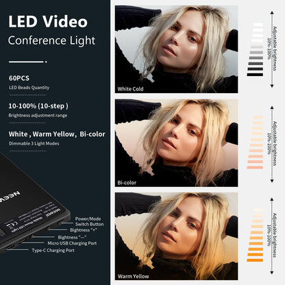 [CLEARANCE] Neewer NL-60AI LED Video Conference Light kit with Front & Back Phone Clip, Detachable Clamp Built-In 2000mAh, 60 LED Warm, Warm Yellow & Bi-Color Modes for Laptop, Phone, Monitor