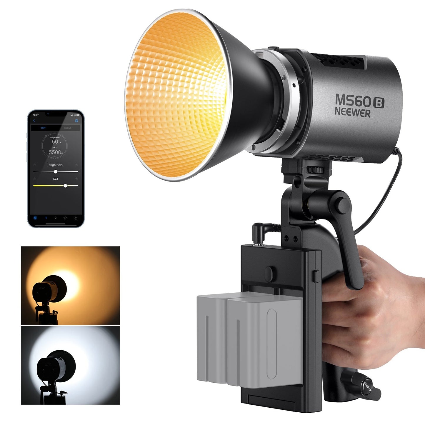 Neewer MS150 Bi-Color 130W / MS60 65W 2700K-6500K / RGBWW 3200K-5600K COB Portable Mini Compact LED Video Light with Color Temperature, Continuous Light Spotlight, 2.4G Apps Control, 12 Scene Effects
