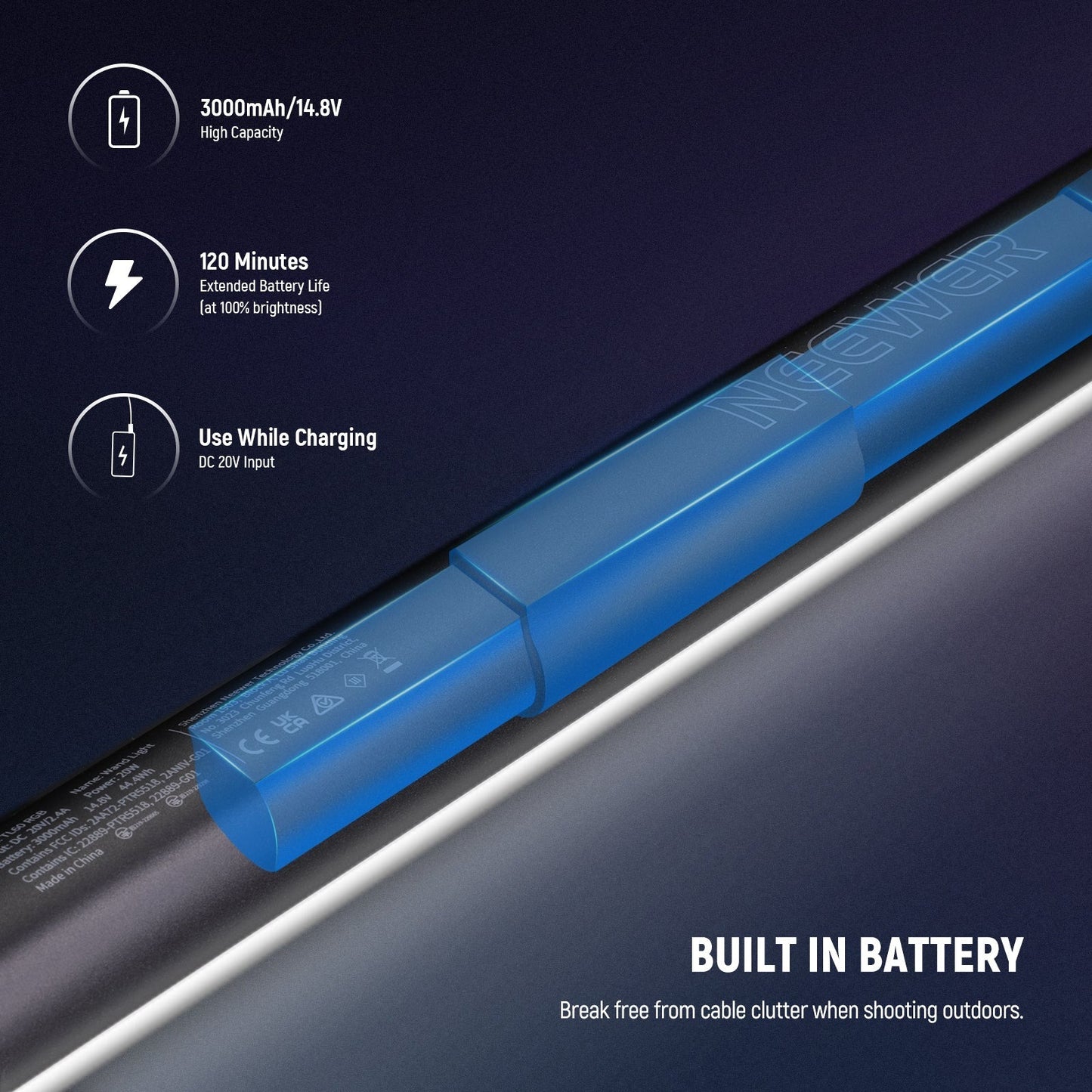[CLEARANCE] Neewer TL60 20W RGBCW Multifunctional Flowing Light Stick Tube with 2500K-10000K, 7 Pixel and 18 Special Effects, Rechargeable Battery 3000mAh