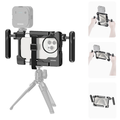Neewer PA017 Handheld Universal Smartphone Clamp Mount Cage Rig with 67mm Detachable Filter Adapter Ring, 360° Dual Side Handles, Aluminum Alloy, Multiple 1/4" Threads for Photography, Videography & Content Creation | 10103956
