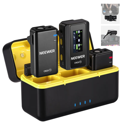 Neewer CM28 2-Pcs 20KHz Wireless 500mA Lavalier Lapel Microphone with 4GB Audio Storage and 1 Click Noise Cancelling, 656ft Transmission, Charging Case, LCD Screen for Camera, Smartphone