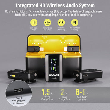 Neewer CM28 2-Pcs 20KHz Wireless 500mA Lavalier Lapel Microphone with 4GB Audio Storage and 1 Click Noise Cancelling, 656ft Transmission, Charging Case, LCD Screen for Camera, Smartphone