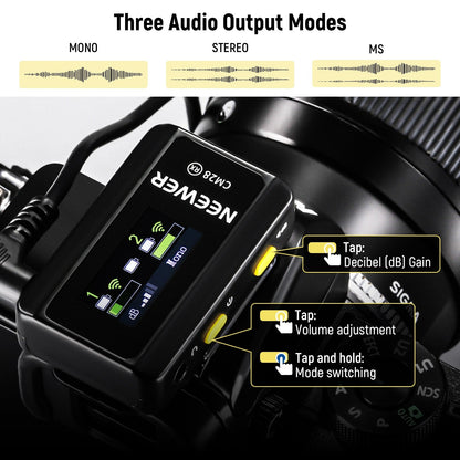 Neewer CM28 2-Pcs 20KHz Wireless 500mA Lavalier Lapel Microphone with 4GB Audio Storage and 1 Click Noise Cancelling, 656ft Transmission, Charging Case, LCD Screen for Camera, Smartphone