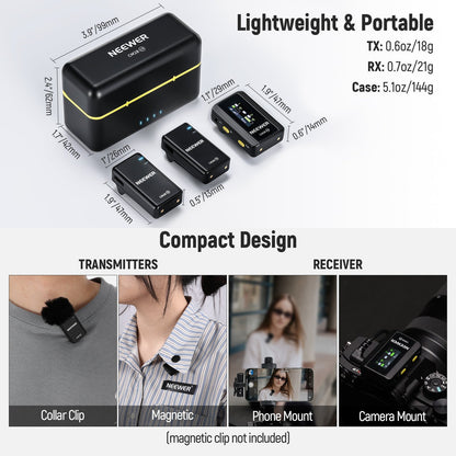 Neewer CM28 2-Pcs 20KHz Wireless 500mA Lavalier Lapel Microphone with 4GB Audio Storage and 1 Click Noise Cancelling, 656ft Transmission, Charging Case, LCD Screen for Camera, Smartphone