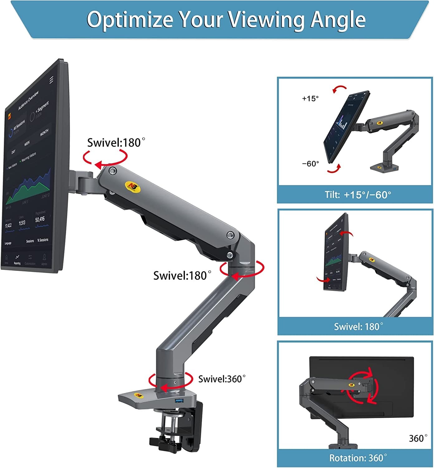 North Bayou NB G60 (27″-45”) Single Monitor Heavy Duty Desk Mount with (75x75mm & 100x100mm) VESA Compatibility, 16kg Load Capacity, +15° to -60° Tilt and ±90° Swivel Angles, and 360° Rotation for Heavy Duty Computers and Gaming PC