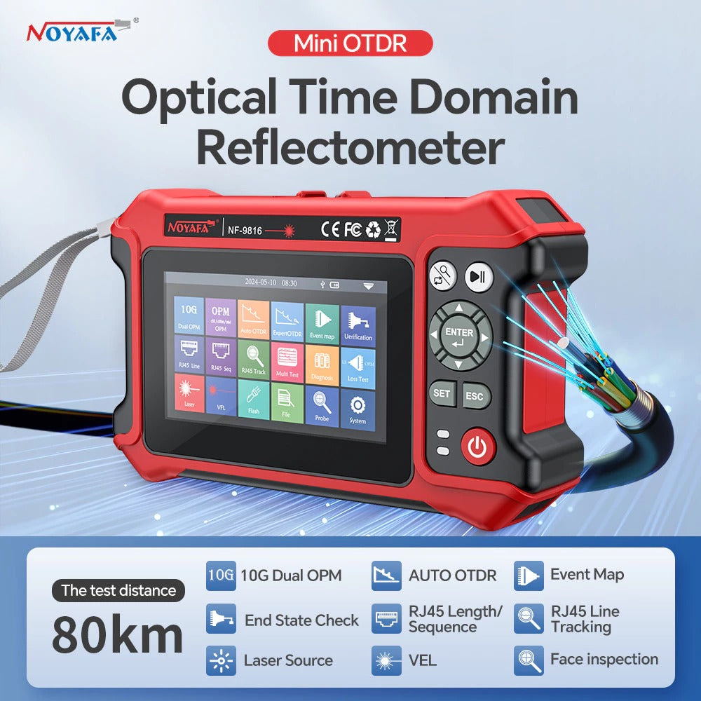 Noyafa NF-9816 Fiber Optic Tester Fault Locator with Auto Expert OTDR, Max 80km Test Distance, 10G Split Wave OPM LS VSL Function, 4.3" LCD Touchscreen Display, Micro USB Interface, TF Card Slot and 4700mAh Battery