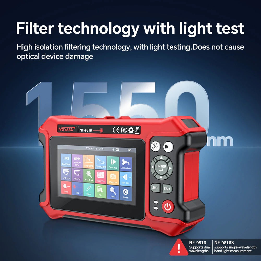 Noyafa NF-9816 Fiber Optic Tester Fault Locator with Auto Expert OTDR, Max 80km Test Distance, 10G Split Wave OPM LS VSL Function, 4.3" LCD Touchscreen Display, Micro USB Interface, TF Card Slot and 4700mAh Battery