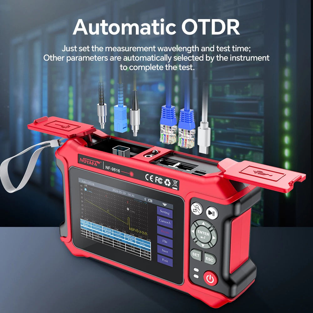 Noyafa NF-9816 Fiber Optic Tester Fault Locator with Auto Expert OTDR, Max 80km Test Distance, 10G Split Wave OPM LS VSL Function, 4.3" LCD Touchscreen Display, Micro USB Interface, TF Card Slot and 4700mAh Battery