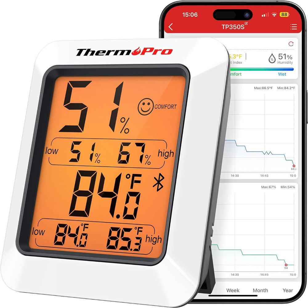ThermoPro TP350 Bluetooth Hygrometer Thermometer High Accuracy Indoor Temperature & Humidity Monitor with App Control, Data Export, Backlit Display & Comfort Indicator for Baby's Room, Living Room, Incubator and Gardens