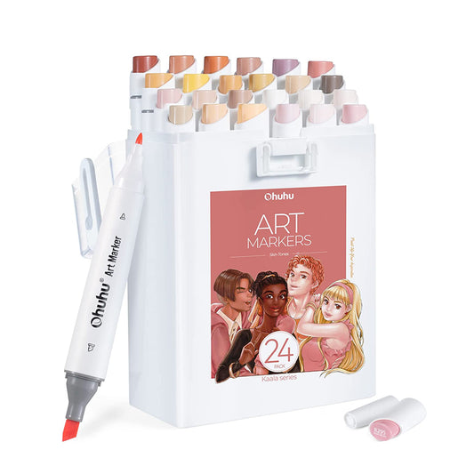 Ohuhu Kaala Series 24 Portrait Color Skin Tone Markets Slim Broad and Fine Double Tipped Alcohol Marker Set for Artists Adults Coloring Professional Illustration (Slim Chisel and Fine) | Y30-80402-36