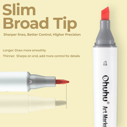 Ohuhu Kaala Series 24 Portrait Color Skin Tone Markets Slim Broad and Fine Double Tipped Alcohol Marker Set for Artists Adults Coloring Professional Illustration (Slim Chisel and Fine) | Y30-80402-36