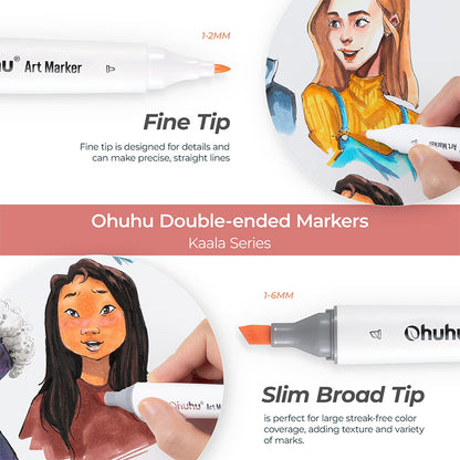 Ohuhu Kaala Series 24 Portrait Color Skin Tone Markets Slim Broad and Fine Double Tipped Alcohol Marker Set for Artists Adults Coloring Professional Illustration (Slim Chisel and Fine) | Y30-80402-36