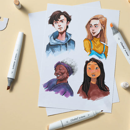 Ohuhu Kaala Series 24 Portrait Color Skin Tone Markets Slim Broad and Fine Double Tipped Alcohol Marker Set for Artists Adults Coloring Professional Illustration (Slim Chisel and Fine) | Y30-80402-36