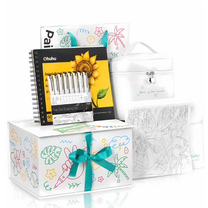 Ohuhu Honolulu Series Gift Box Set with 72 Alcohol Based Dual Tipped Brush and Chisel Art Markers, 8 Fineliner Drawing Pens, 8.9 x 8.3 Inches 120 Pages Marker Pad, 16 Coloring Sheets for Arts & Crafts | Y30-80402-70