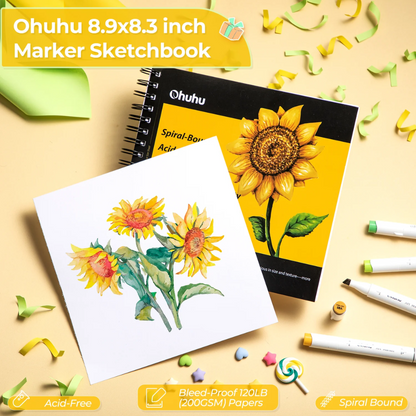 Ohuhu Honolulu Series Gift Box Set with 72 Alcohol Based Dual Tipped Brush and Chisel Art Markers, 8 Fineliner Drawing Pens, 8.9 x 8.3 Inches 120 Pages Marker Pad, 16 Coloring Sheets for Arts & Crafts | Y30-80402-70