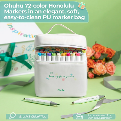 Ohuhu Honolulu Series Gift Box Set with 72 Alcohol Based Dual Tipped Brush and Chisel Art Markers, 8 Fineliner Drawing Pens, 8.9 x 8.3 Inches 120 Pages Marker Pad, 16 Coloring Sheets for Arts & Crafts | Y30-80402-70